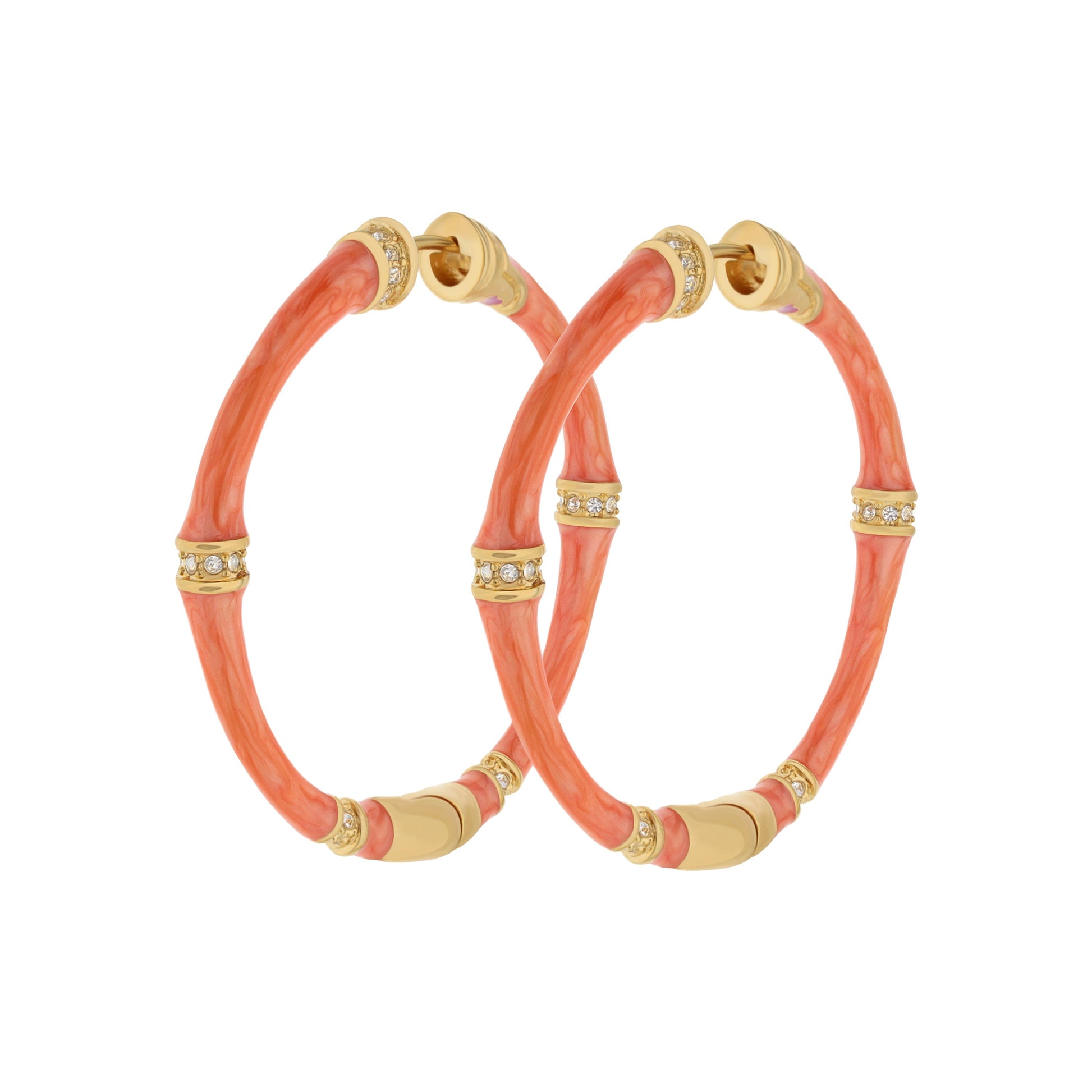 Bamboo Hoop Earrings, Lauren G Adams, coral pink bamboo with gold-tone caps and crystal accents on Tampa Home & Garden Store