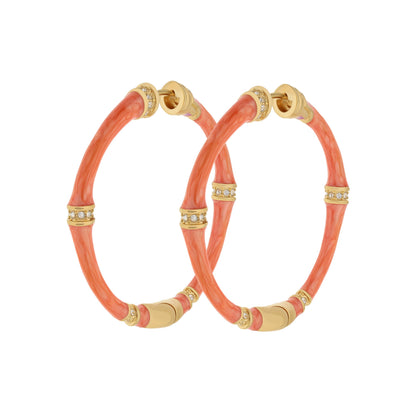 Bamboo Hoop Earrings, Lauren G Adams, coral pink bamboo with gold-tone caps and crystal accents on Tampa Home & Garden Store
