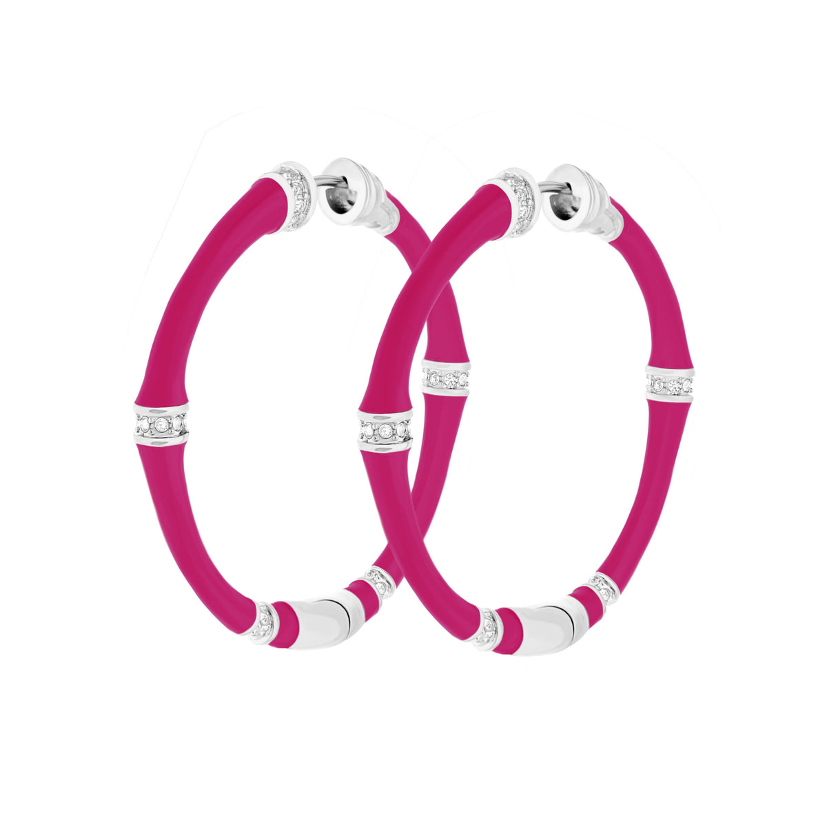 Bamboo hoop earrings in pink with silver crystal spacer rings on Tampa Home & Garden Store