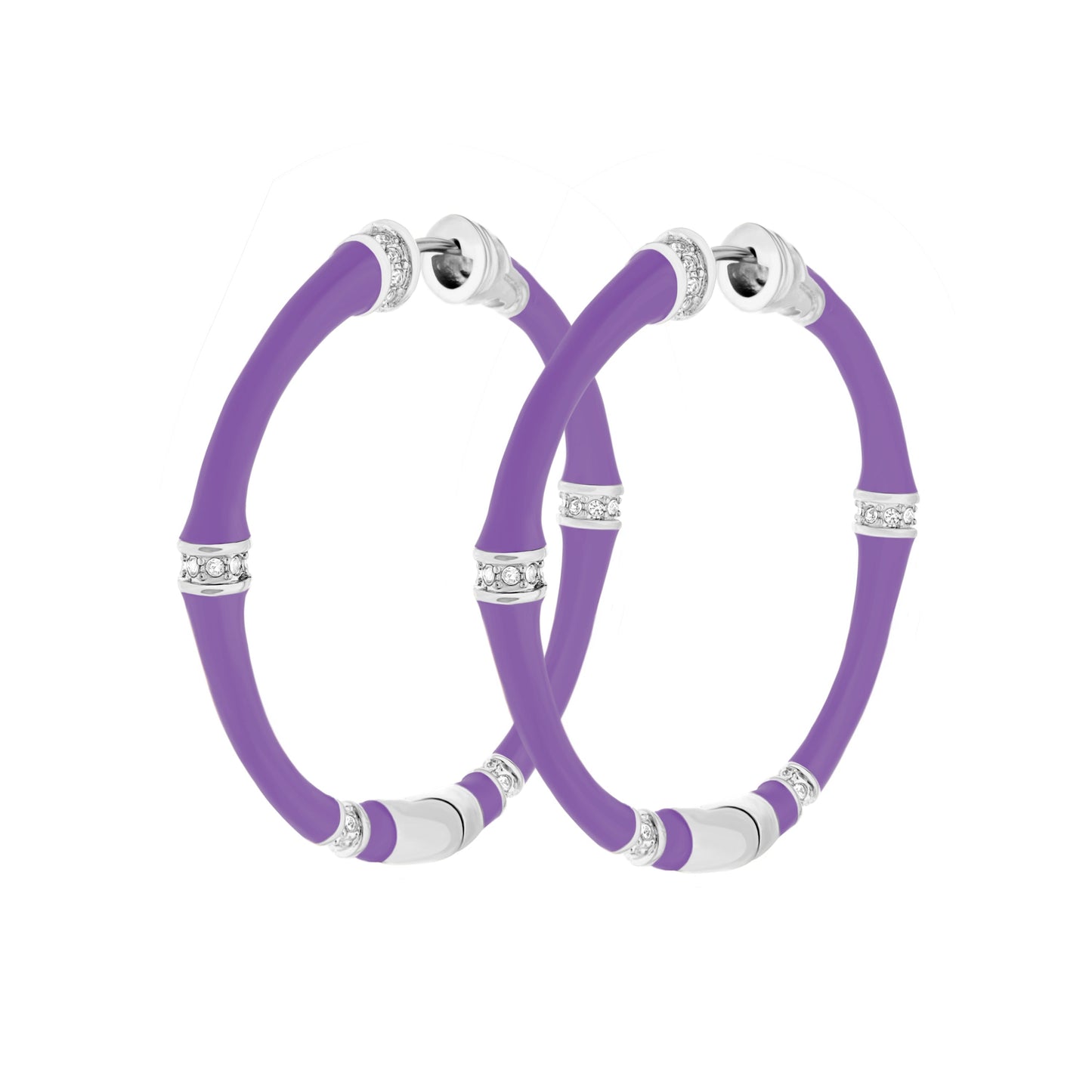 Bamboo Hoop Earrings by Lauren G Adams purple silicone with crystal silver spacers on Tampa Home & Garden Store