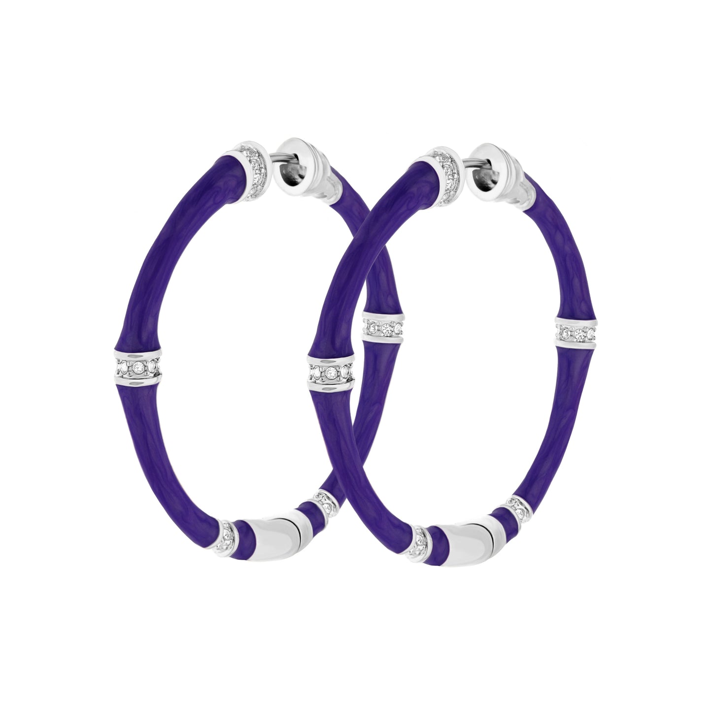 Bamboo Hoop Earrings by Lauren G Adams in purple with crystal-studded silver spacers on Tampa Home & Garden Store