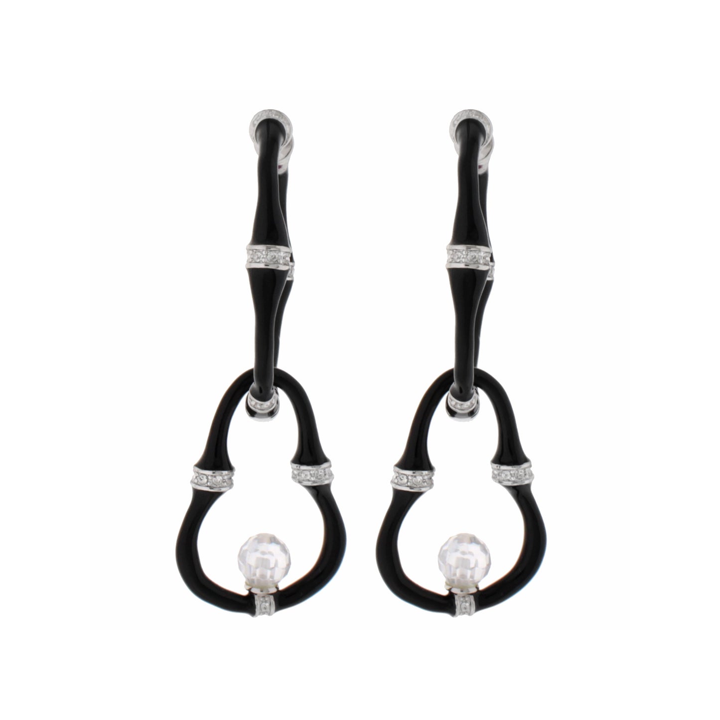 Bamboo Earrings — Bead Drop, black curved hoops with silver accents and crystal beads, pair on Tampa Home & Garden Store
