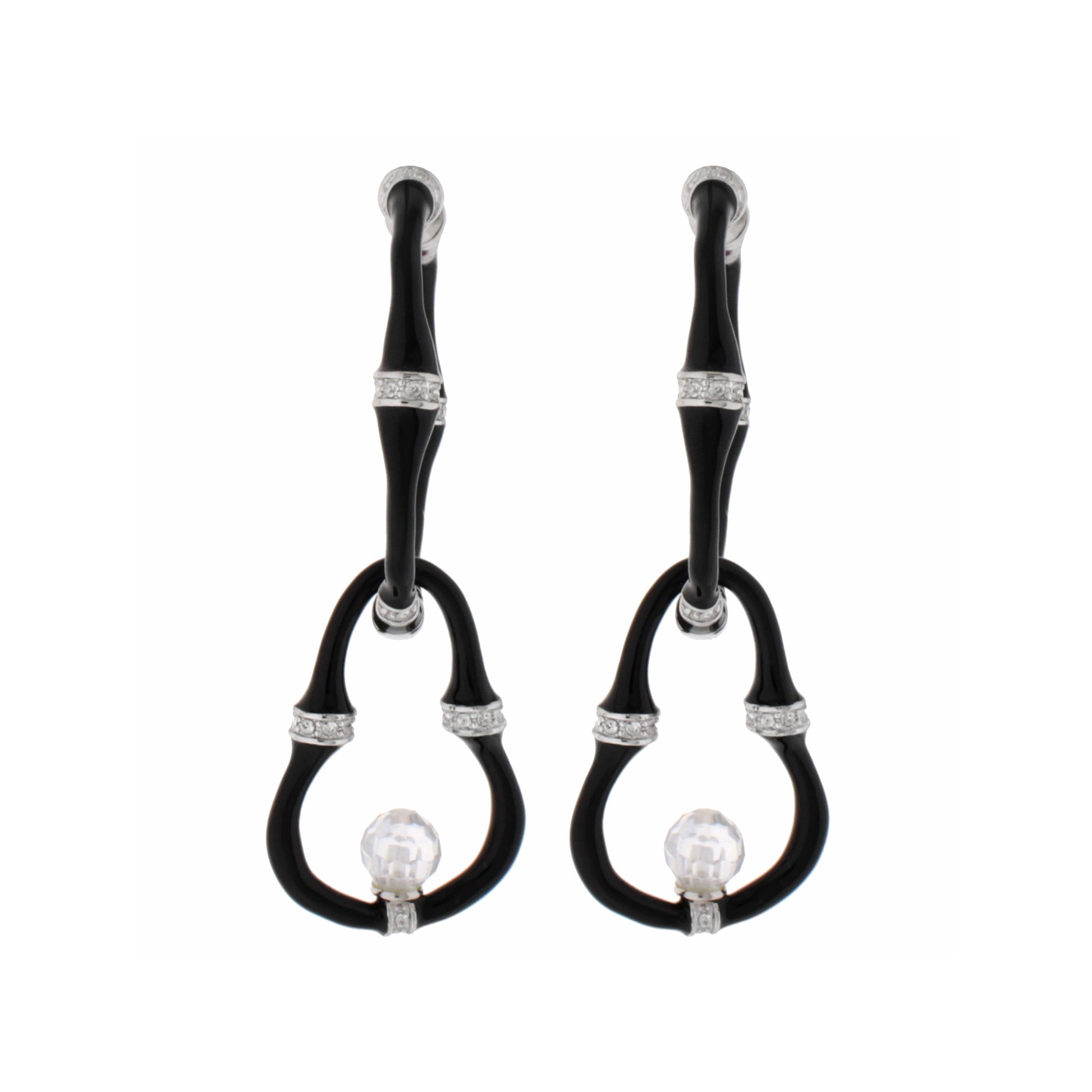 Bamboo Earrings — Bead Drop, black curved hoops with silver accents and crystal beads, pair on Tampa Home & Garden Store
