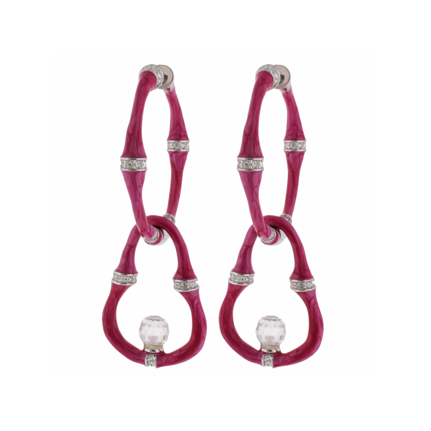 Bamboo Earrings — Bead Drop, pink marbled bamboo hoops with crystal beads, pair on Tampa Home & Garden Store
