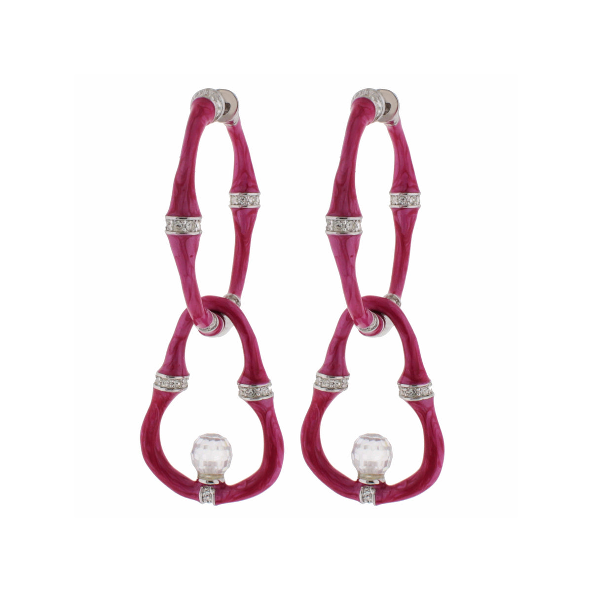 Bamboo Earrings — Bead Drop, pink marbled bamboo hoops with crystal beads, pair on Tampa Home & Garden Store