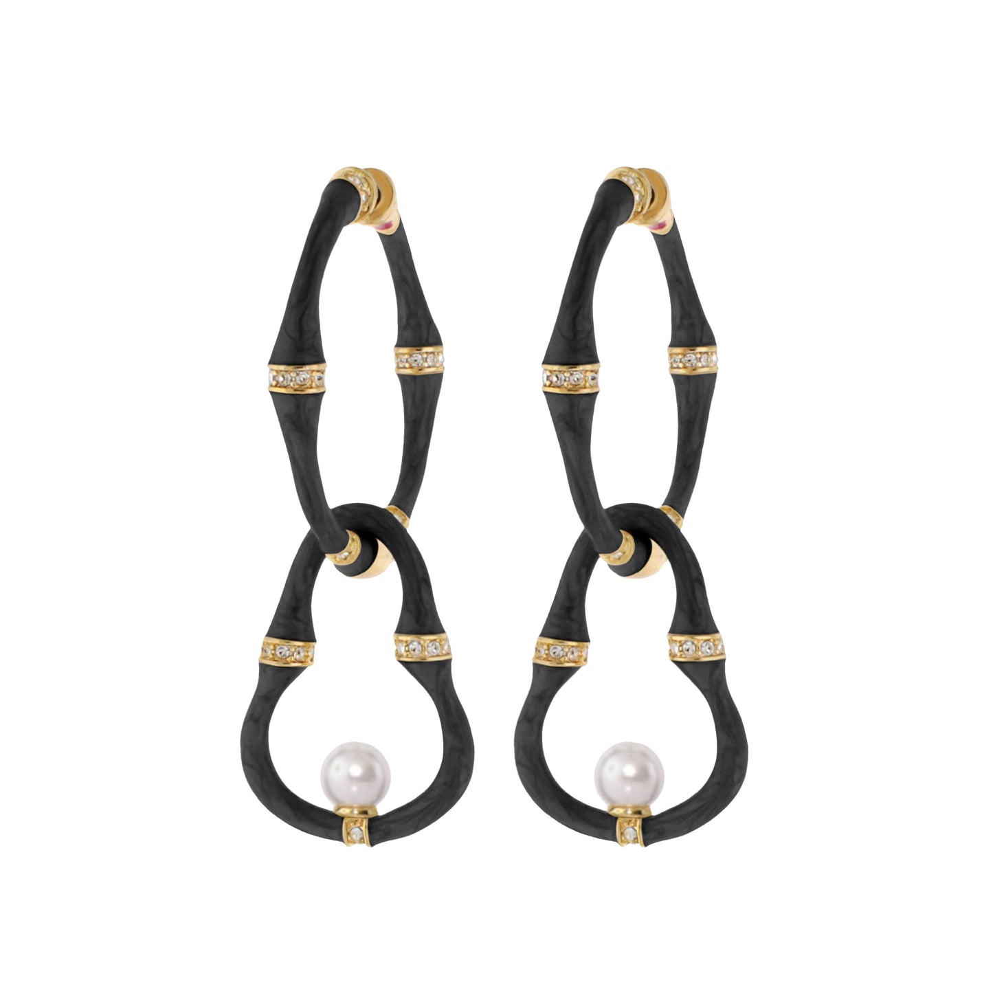 Bamboo Earrings Pearl Drop pair, black curved hoops with gold caps and crystal band, pearl drops on Tampa Home & Garden Store