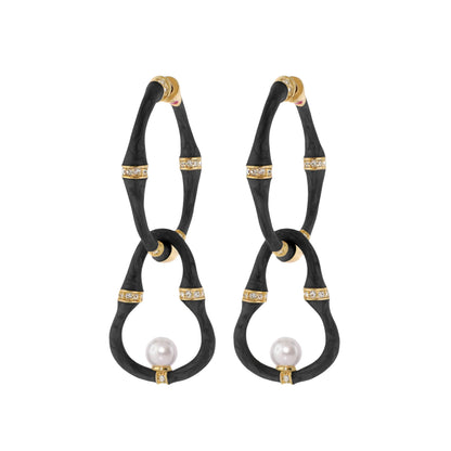 Bamboo Earrings Pearl Drop pair, black curved hoops with gold caps and crystal band, pearl drops on Tampa Home & Garden Store