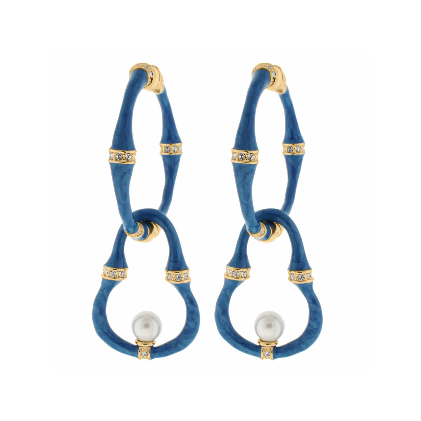 Bamboo Earrings Pearl Drop blue bamboo hoops with gold-tone bands, crystals, and pearls, pair on Tampa Home & Garden Store
