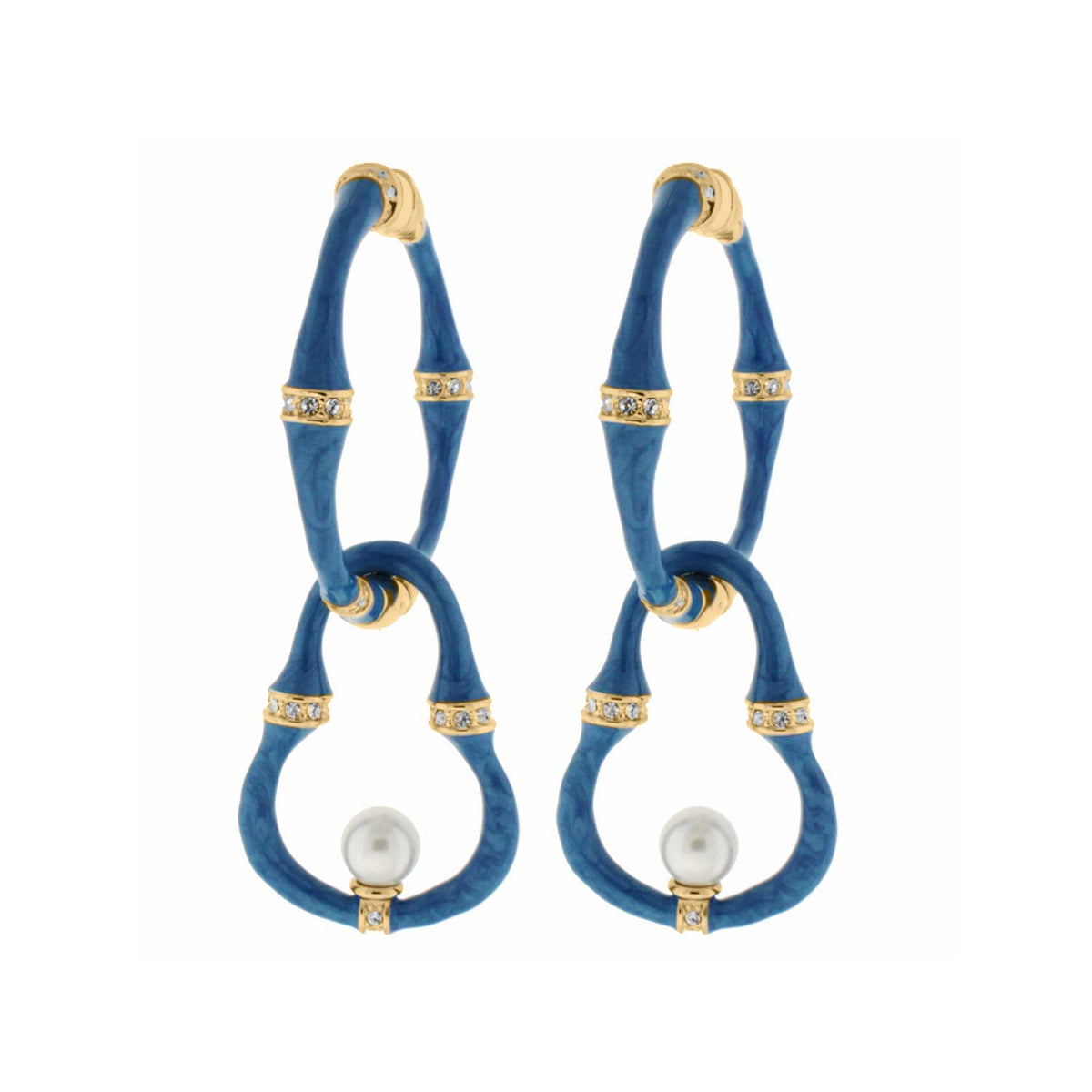 Bamboo Earrings Pearl Drop blue bamboo hoops with gold-tone bands, crystals, and pearls, pair on Tampa Home & Garden Store
