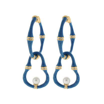 Bamboo Earrings Pearl Drop blue bamboo hoops with gold-tone bands, crystals, and pearls, pair on Tampa Home & Garden Store
