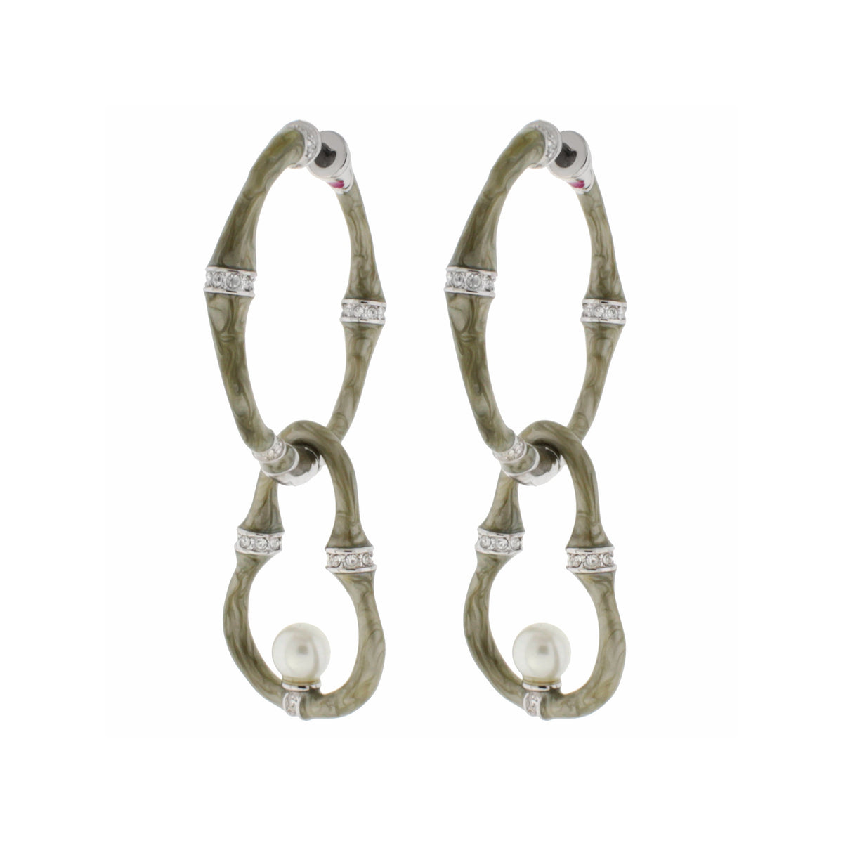 Bamboo Pearl Drop earrings, green textured hoops with crystal bands and white pearls, pair on Tampa Home & Garden Store