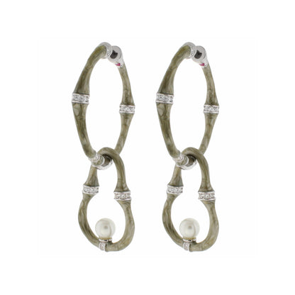 Bamboo Pearl Drop earrings, green textured hoops with crystal bands and white pearls, pair on Tampa Home & Garden Store