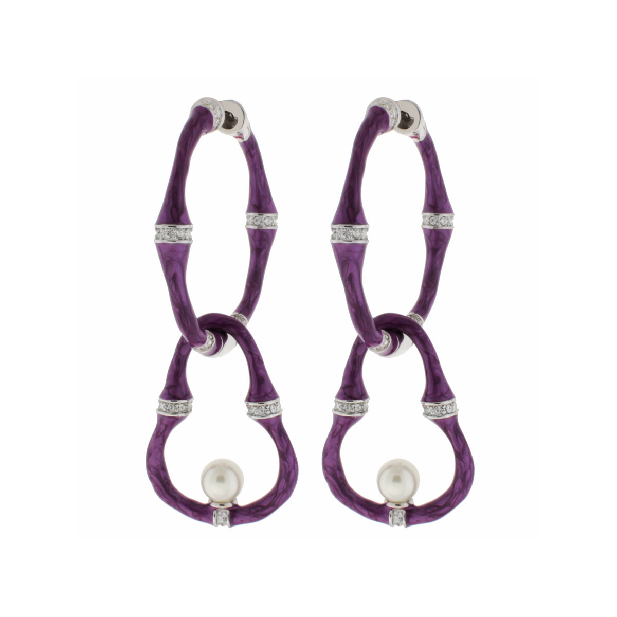 Bamboo Earrings Pearl Drop by Lauren G Adams, purple bamboo hoops with pearl drops on Tampa Home & Garden Store