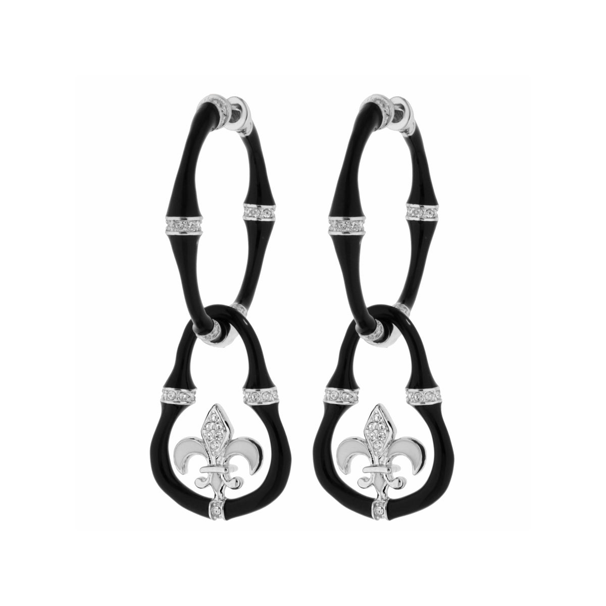 Bamboo Earrings Fleur-de-Lis Drop pair by Lauren G Adams black bamboo hoops with silver fleur-de-lis pendants on Tampa Home & Garden Store