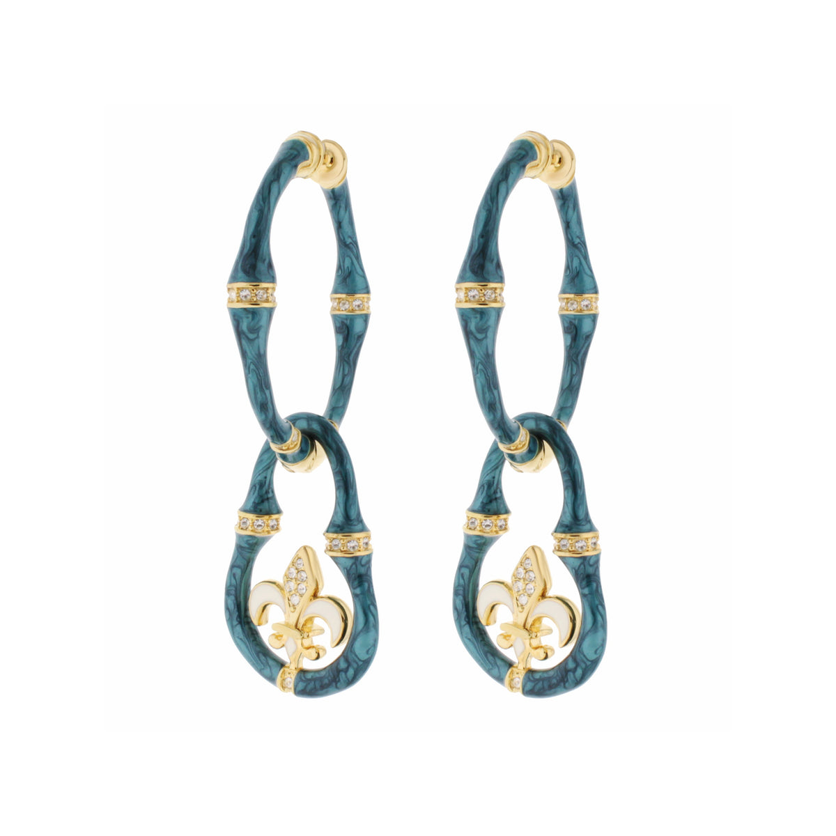 Bamboo Earrings Fleur-de-Lis Drop turquoise marbled hoops with gold-tone bands and crystal drops on Tampa Home & Garden Store