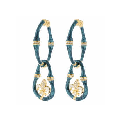 Bamboo Earrings Fleur-de-Lis Drop turquoise marbled hoops with gold-tone bands and crystal drops on Tampa Home & Garden Store