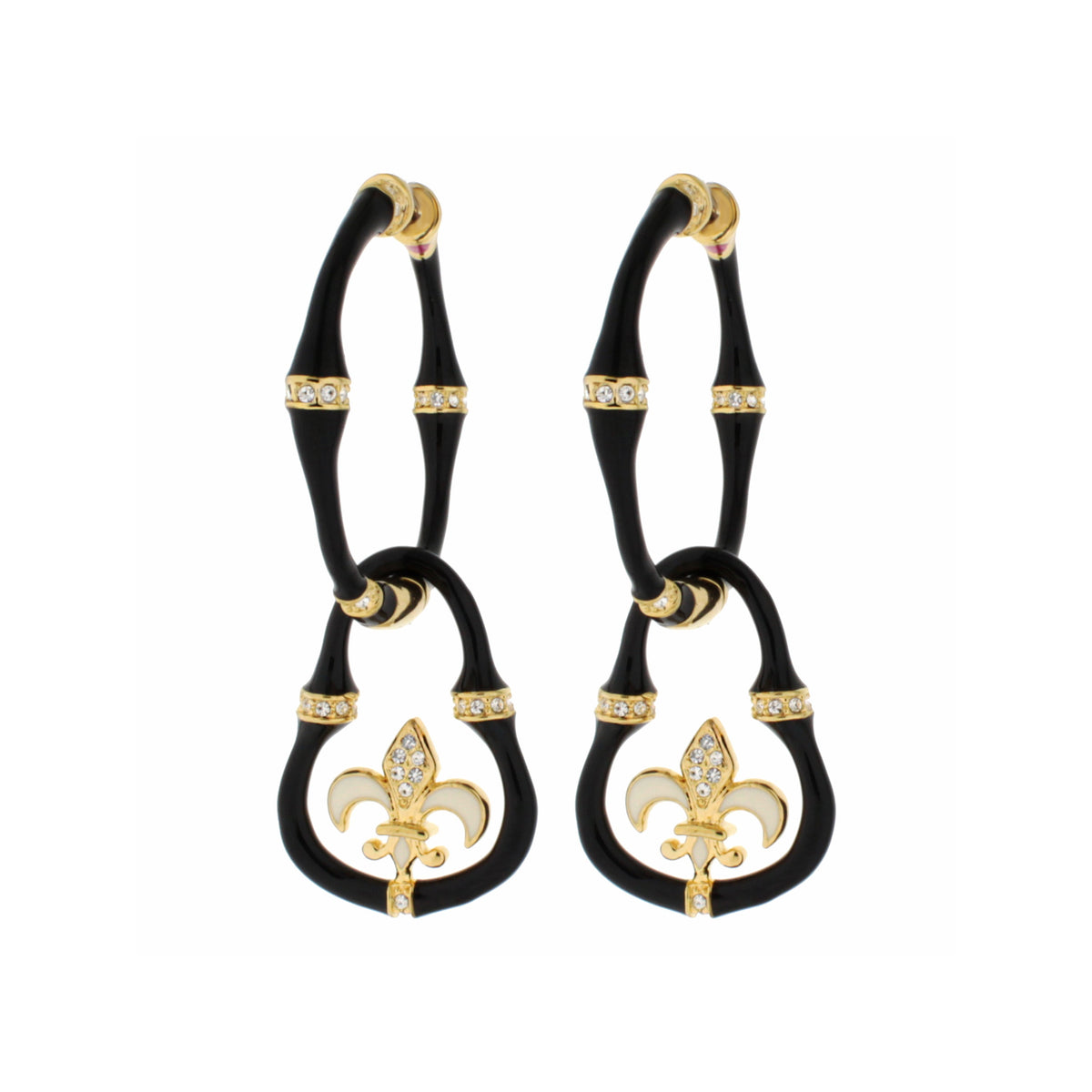 Bamboo Fleur-de-Lis Drop Earrings by Lauren G Adams, black with gold trim and crystals, pair on Tampa Home & Garden Store