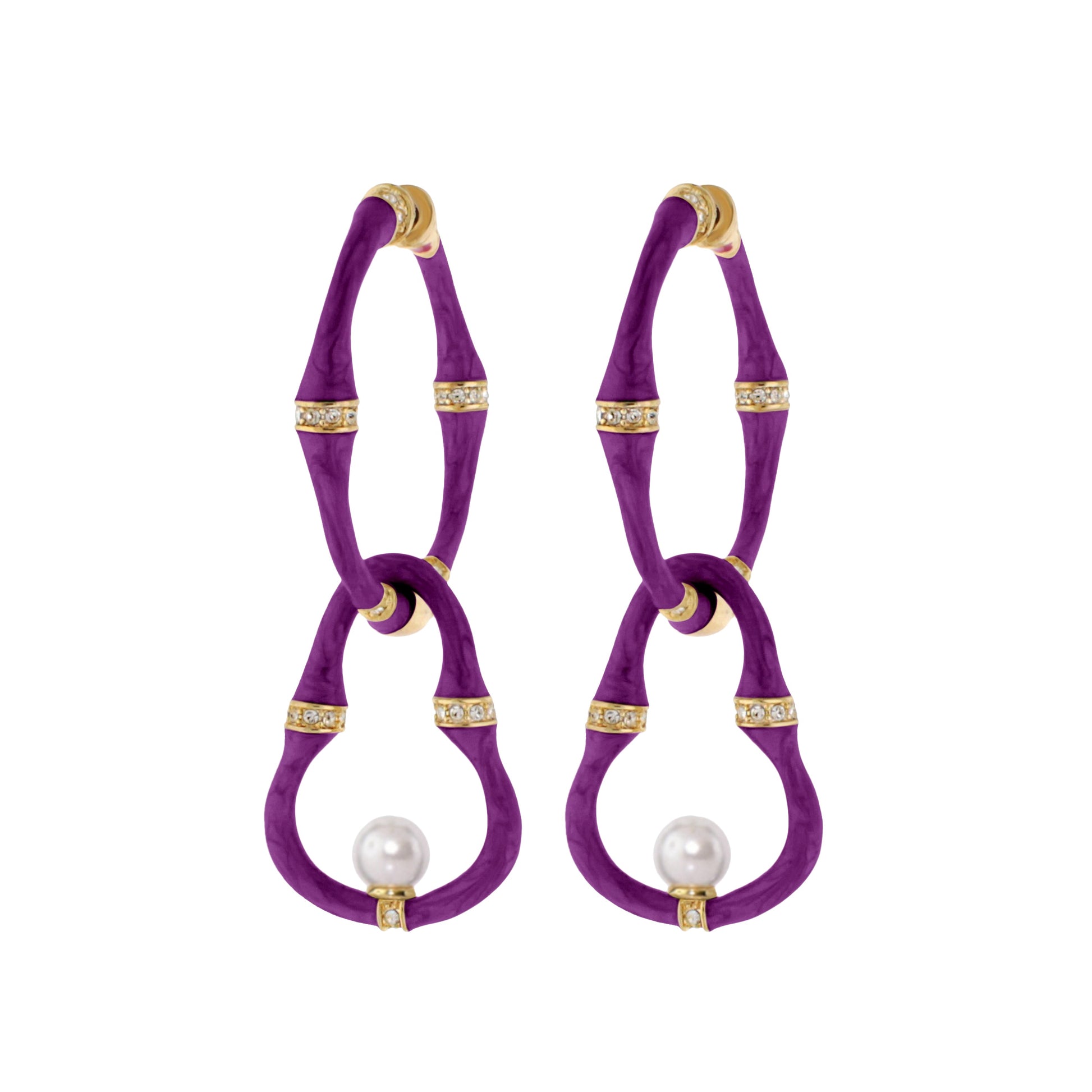 Bamboo Earrings Pearl Drop, purple bamboo hoops with gold caps, crystal bands and pearl drops on Tampa Home & Garden Store