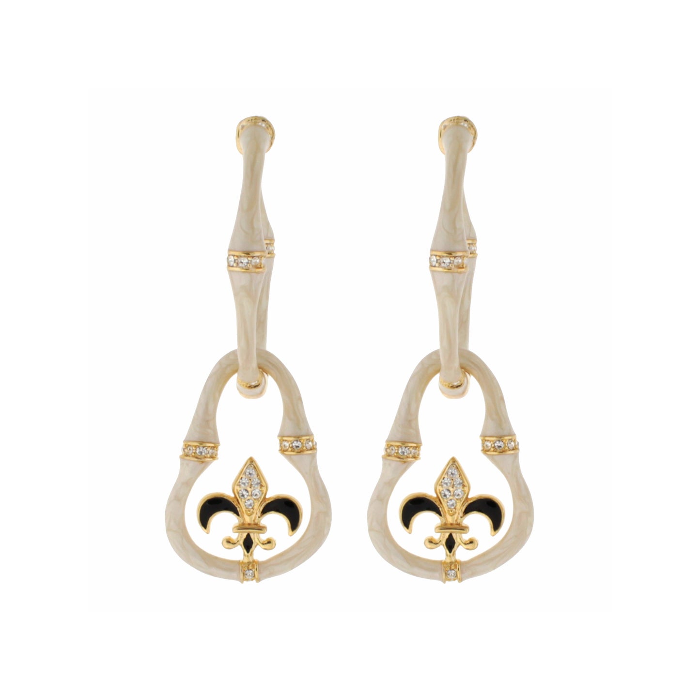 Bamboo Earrings Fleur-de-Lis Drop, gold-tone with crystal accents, pair on Tampa Home & Garden Store
