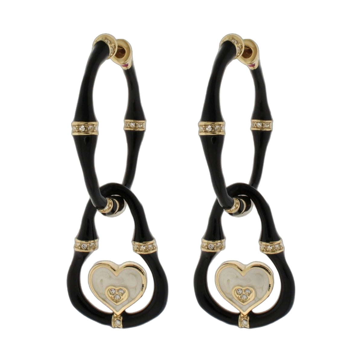 Bamboo Earrings Heart Drop, black bamboo with gold heart charms and crystal accents, 2 pairs on Tampa Home & Garden Store
