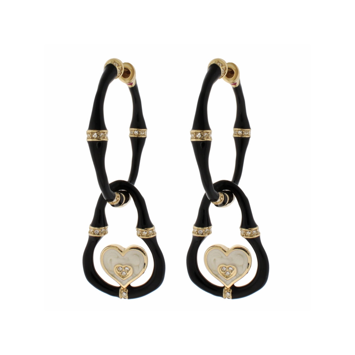 Bamboo Earrings — Heart Drop pair with black hoops, gold-tone accents and crystal hearts on Tampa Home & Garden Store