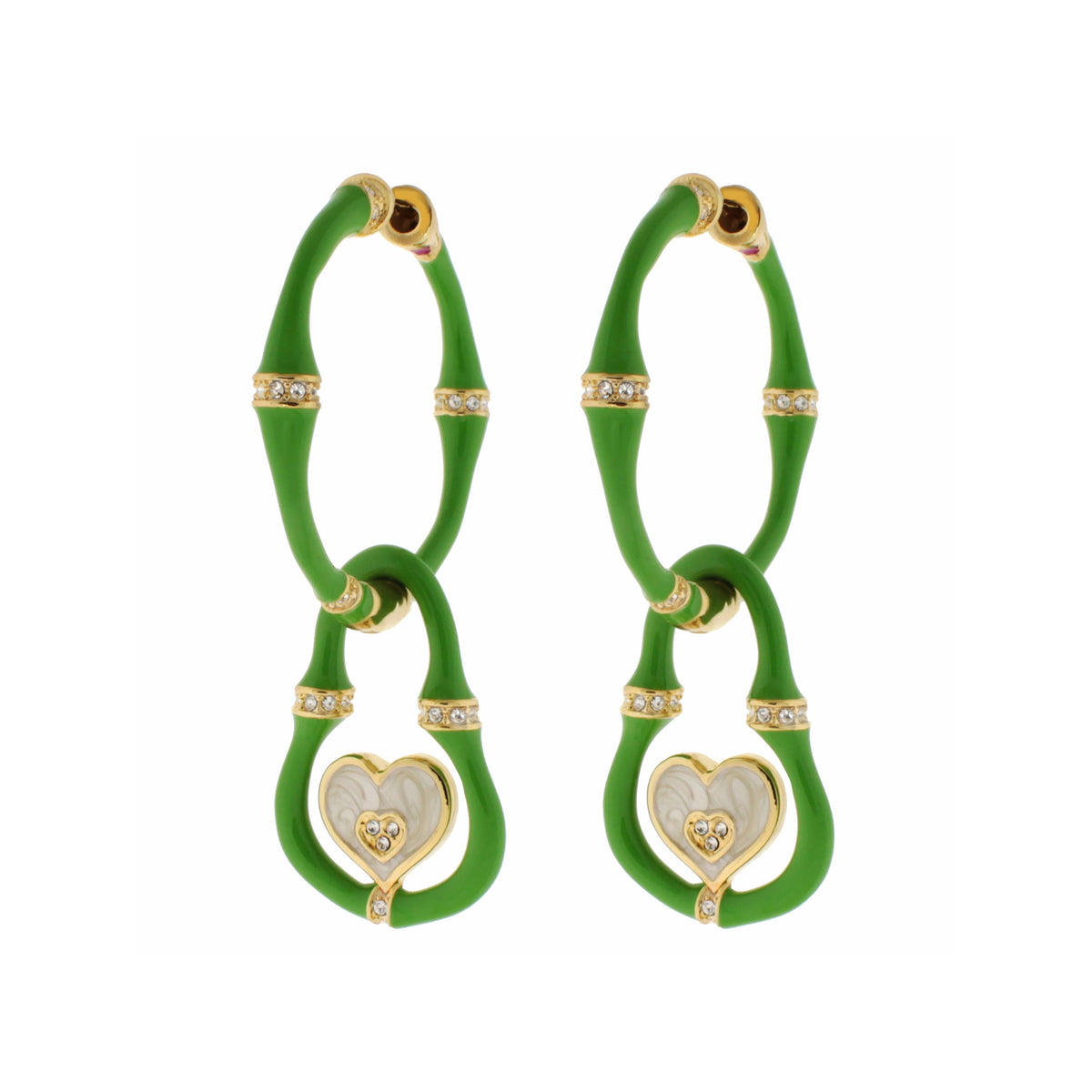 Bamboo Earrings Heart Drop green bamboo hoops with gold heart and crystal accents 2 earrings on Tampa Home & Garden Store