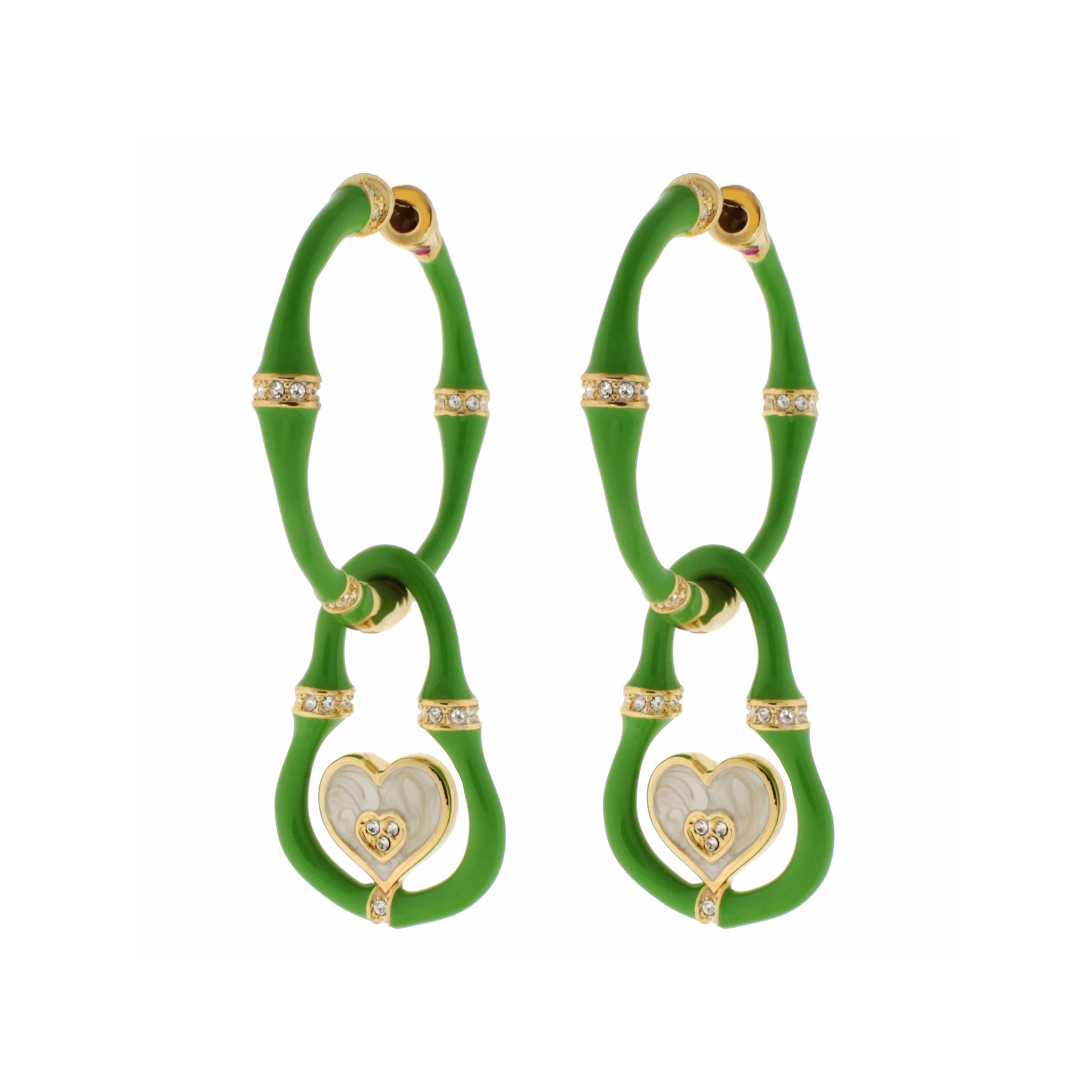 Bamboo Earrings Heart Drop green bamboo hoops with gold heart and crystal accents 2 earrings on Tampa Home & Garden Store