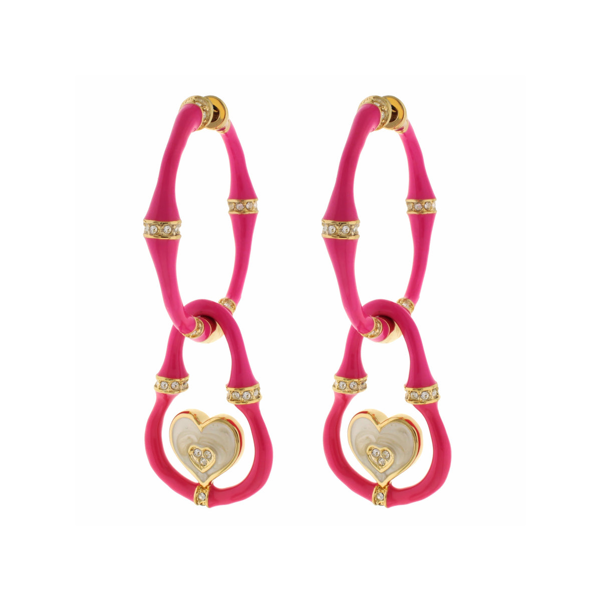 Lauren G Adams Bamboo Earrings Heart Drop pink bamboo hoops with crystal accents, gold bands pair on Tampa Home & Garden Store