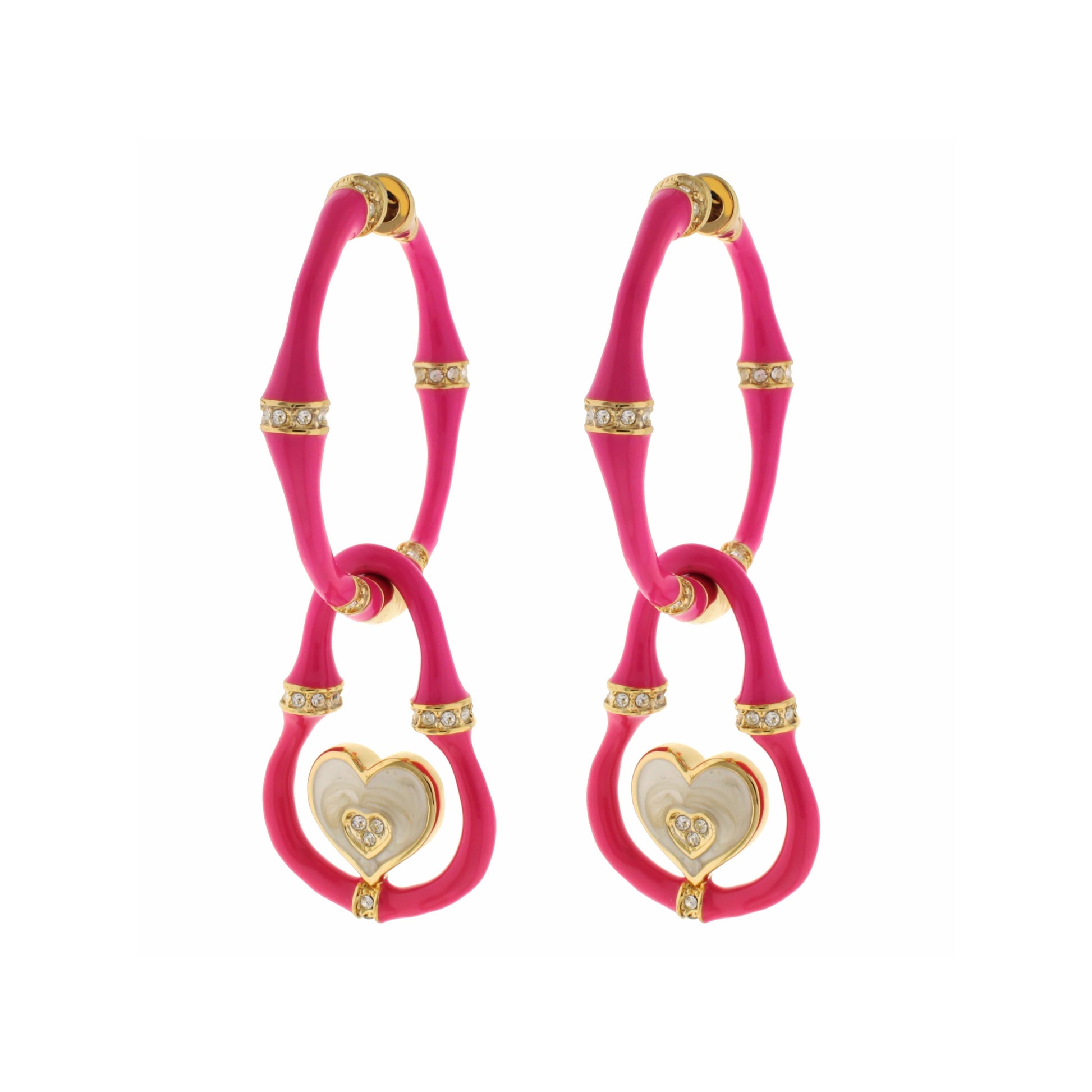 Lauren G Adams Bamboo Earrings Heart Drop pink bamboo hoops with crystal accents, gold bands pair on Tampa Home & Garden Store
