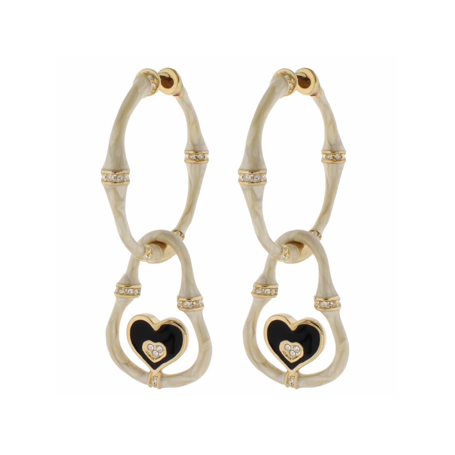 Bamboo Earrings Heart Drop, gold-tone bamboo hoops with black enamel hearts, 2 pairs on Tampa Home & Garden Store
