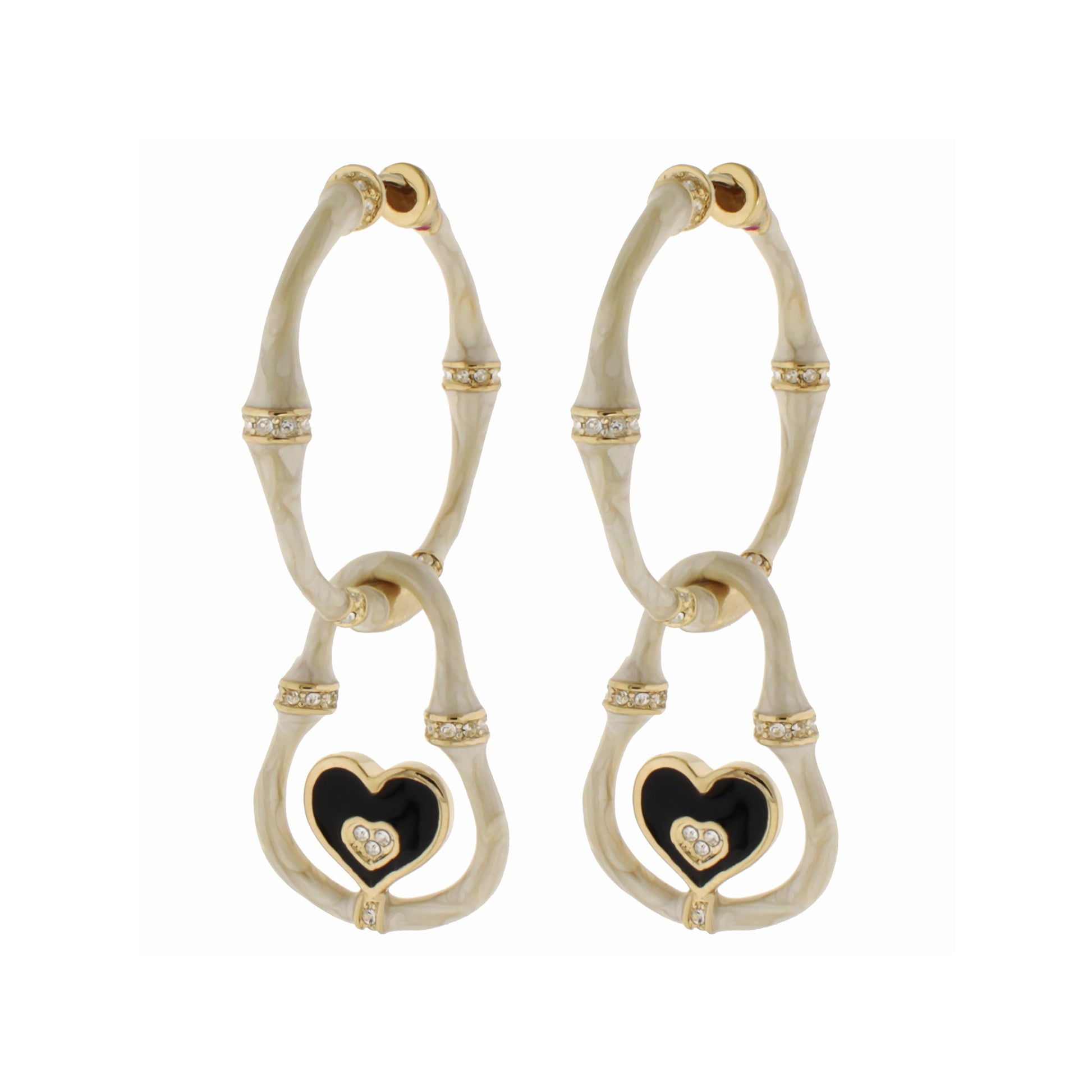 Bamboo Earrings Heart Drop, gold-tone bamboo hoops with black enamel hearts, 2 pairs on Tampa Home & Garden Store