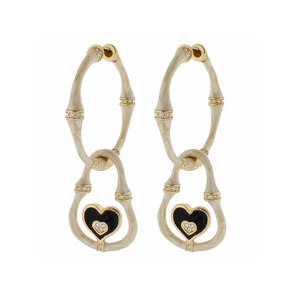 Bamboo Earrings Heart Drop, gold-tone bamboo hoops with black enamel hearts, 2 pairs on Tampa Home & Garden Store