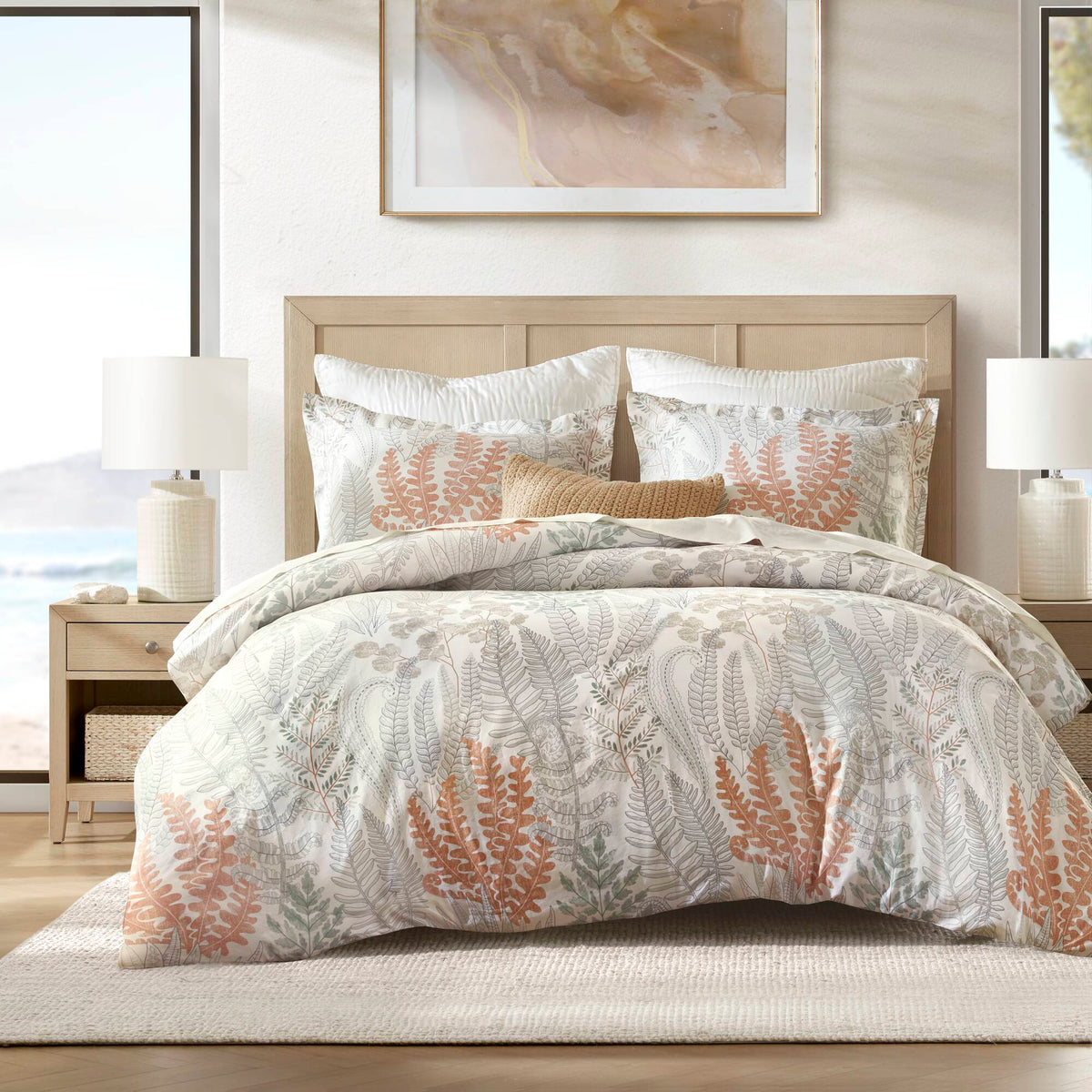 Cotton sateen duvet cover set Full/Queen with rust and sage fern print on Tampa Home & Garden Store