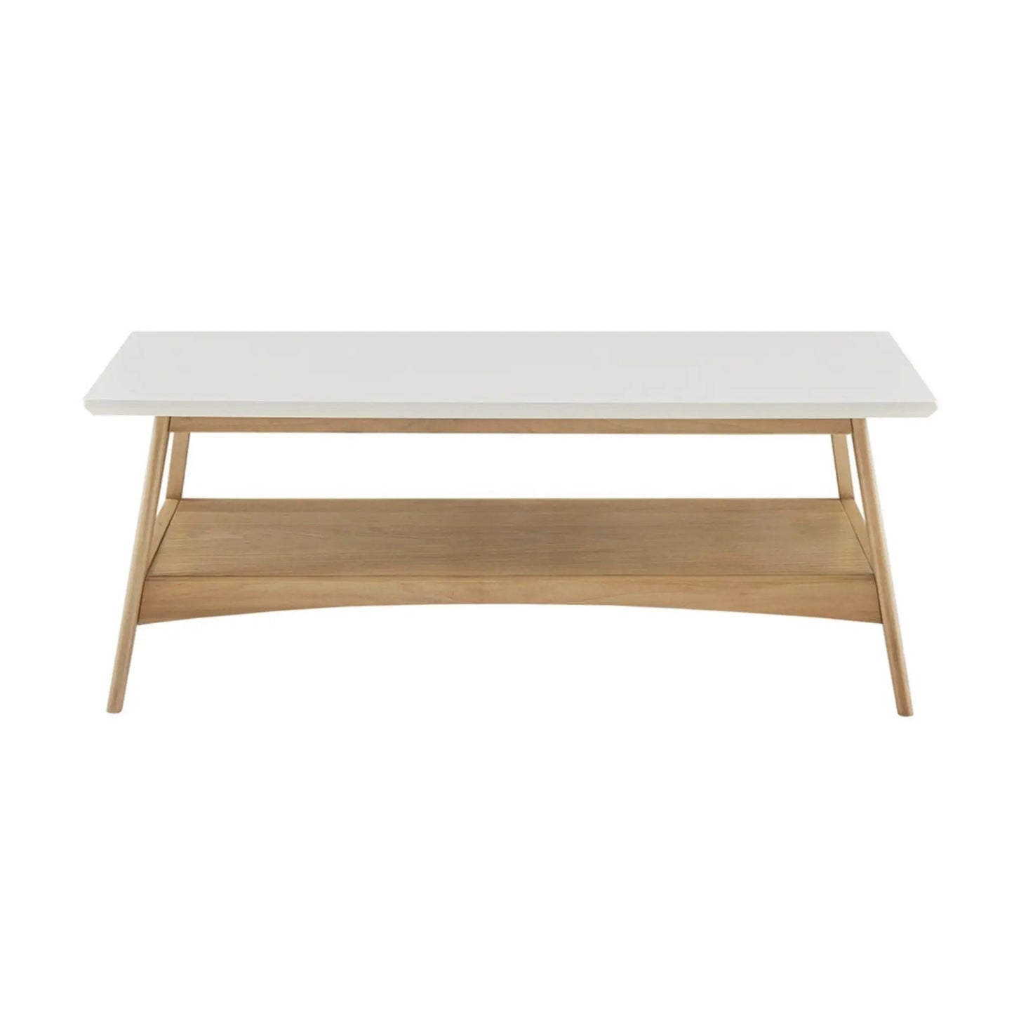 White-top coffee table with natural wood legs and storage shelf by Unique Piece Furniture on Tampa Home & Garden Store
