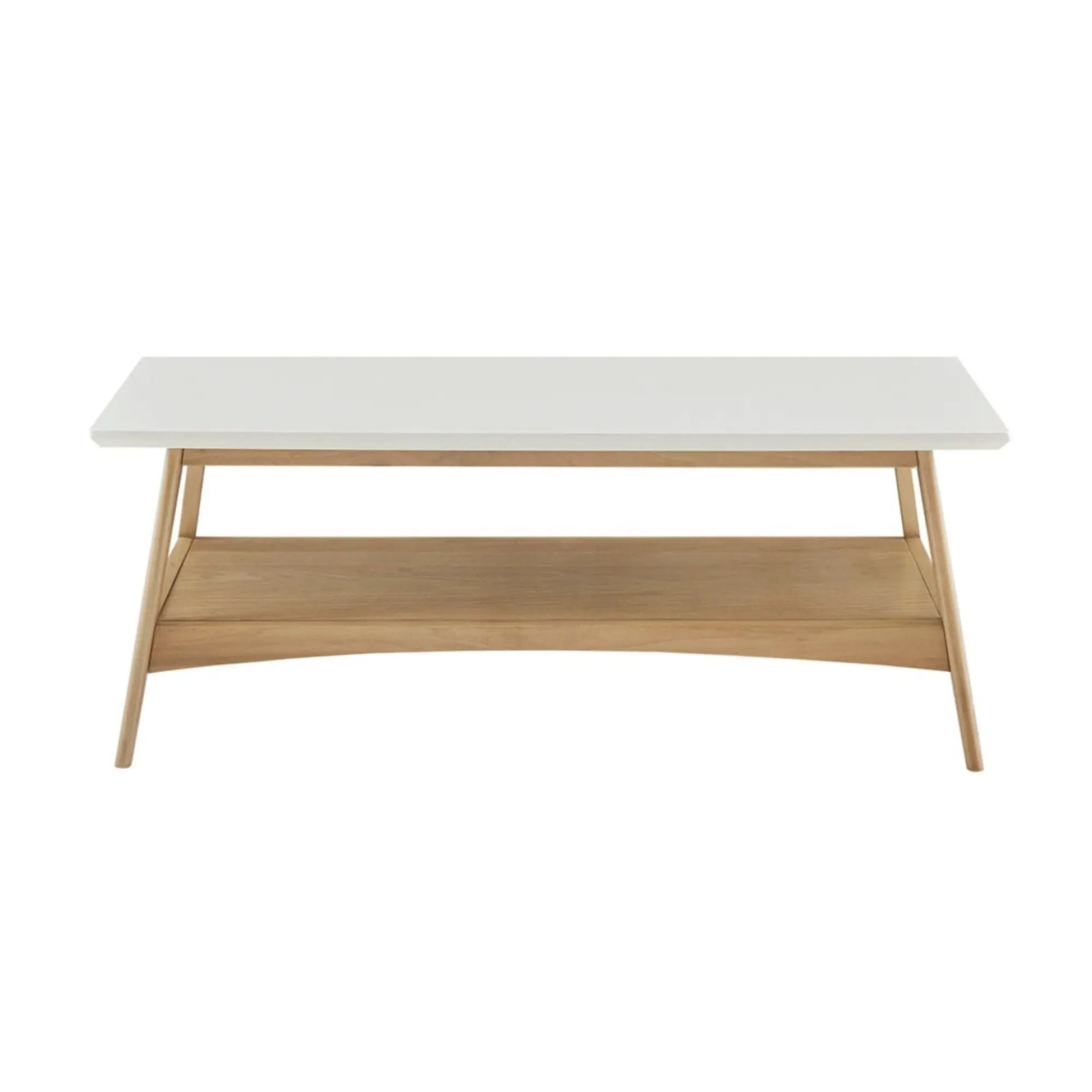 White-top coffee table with natural wood legs and storage shelf by Unique Piece Furniture on Tampa Home & Garden Store