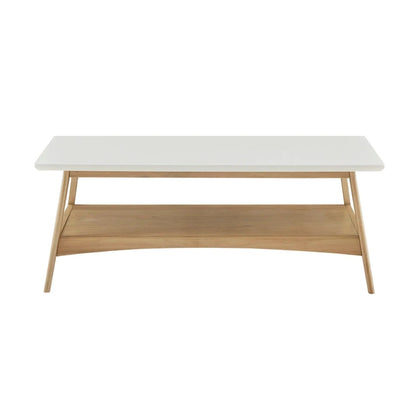 White-top coffee table with natural wood legs and storage shelf by Unique Piece Furniture on Tampa Home & Garden Store