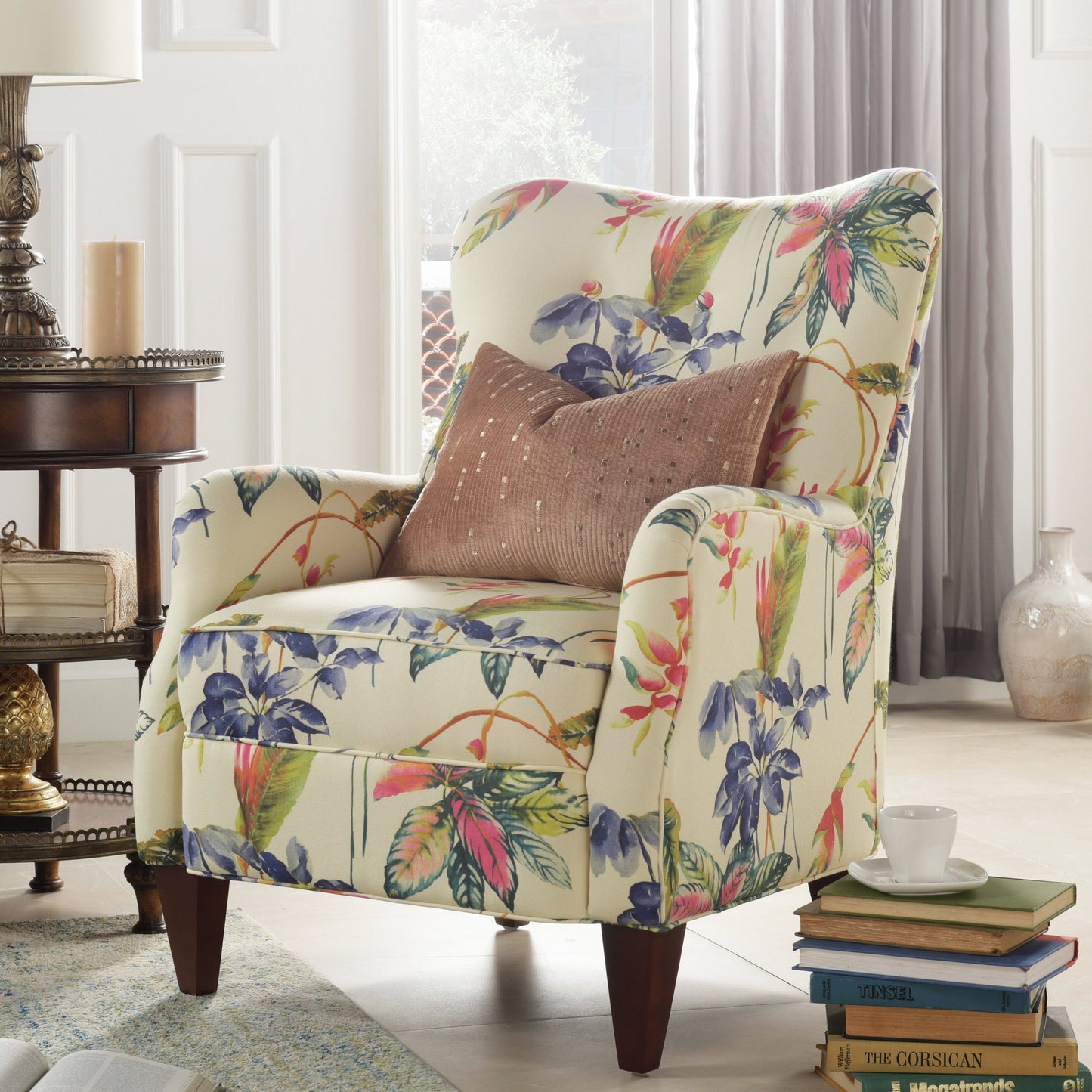 Paradise Upholstered Arm Chair off-white floral cotton print by HouseOfZazla on Tampa Home & Garden Store