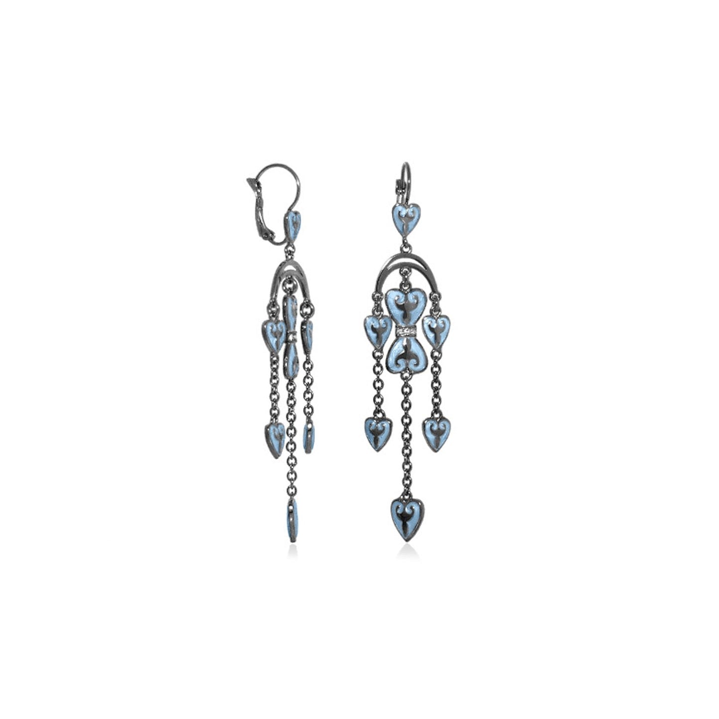 Pair of Bows and Hearts earrings by Lauren G Adams, blue heart charms with chains, lever-back on Tampa Home & Garden Store