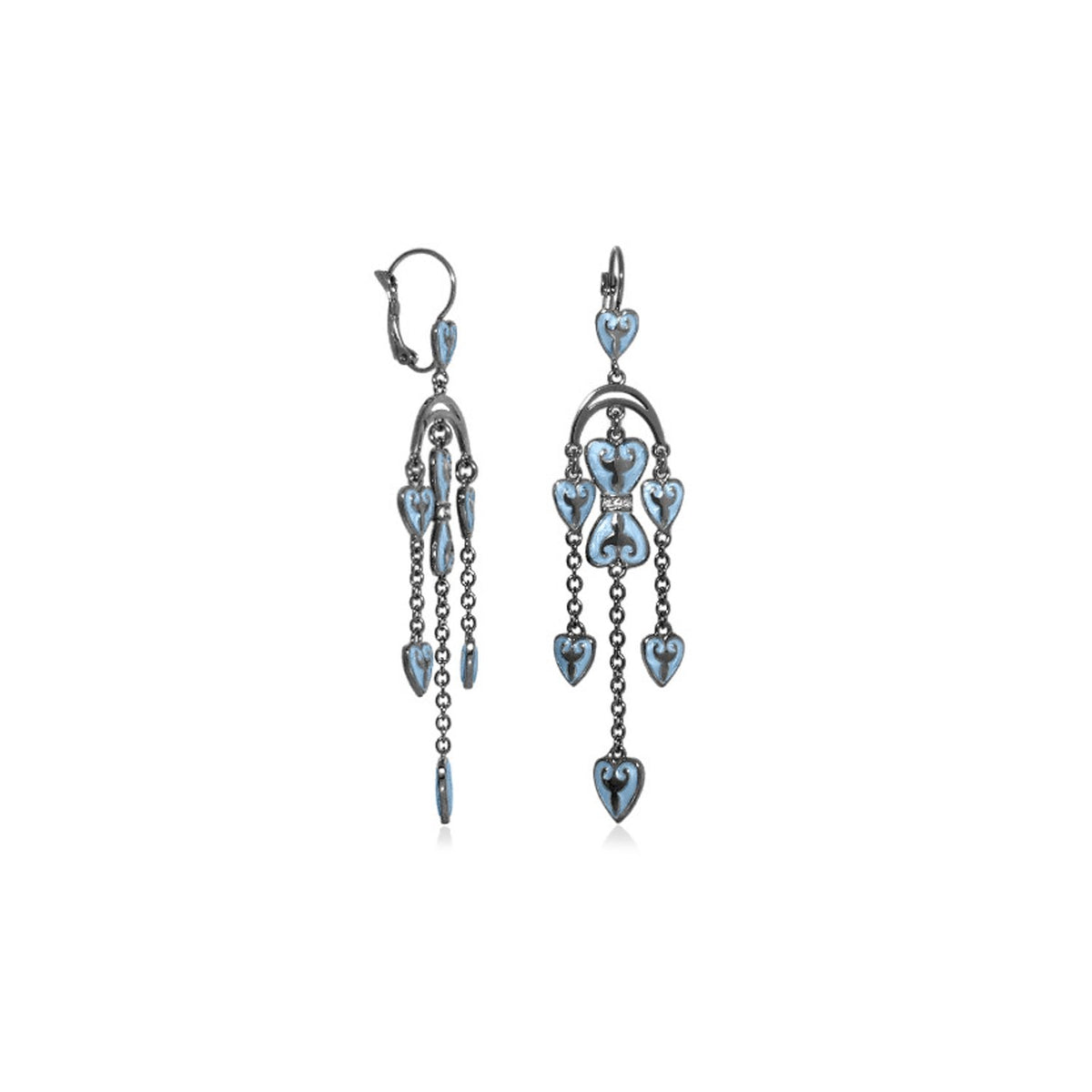Pair of Bows and Hearts earrings by Lauren G Adams, blue heart charms with chains, lever-back on Tampa Home & Garden Store