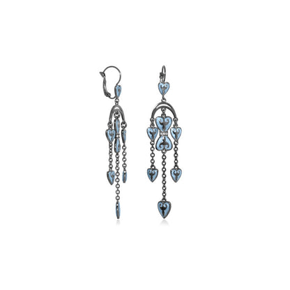 Pair of Bows and Hearts earrings by Lauren G Adams, blue heart charms with chains, lever-back on Tampa Home & Garden Store