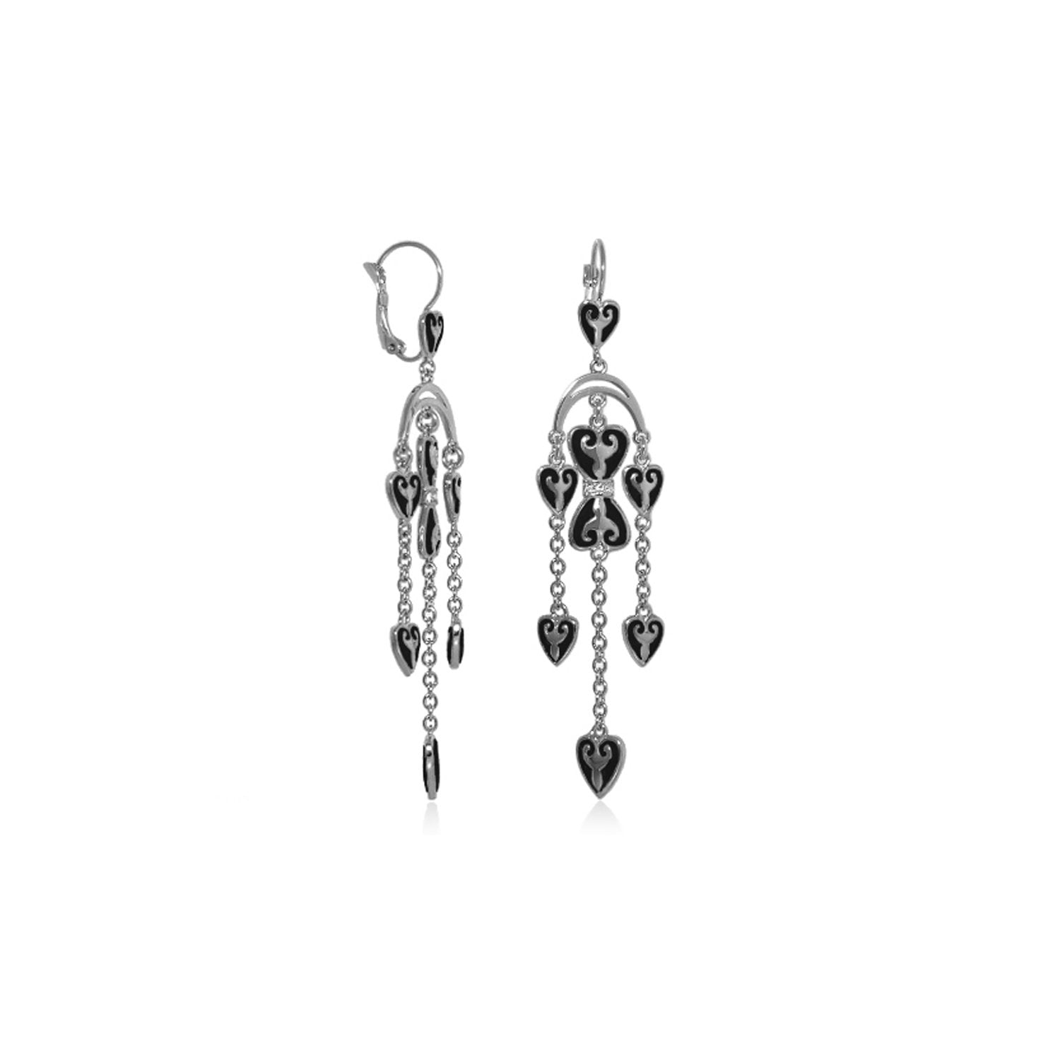 Bows and Hearts Earrings by Lauren G Adams silver-tone drops with black enamel hearts and chains on Tampa Home & Garden Store