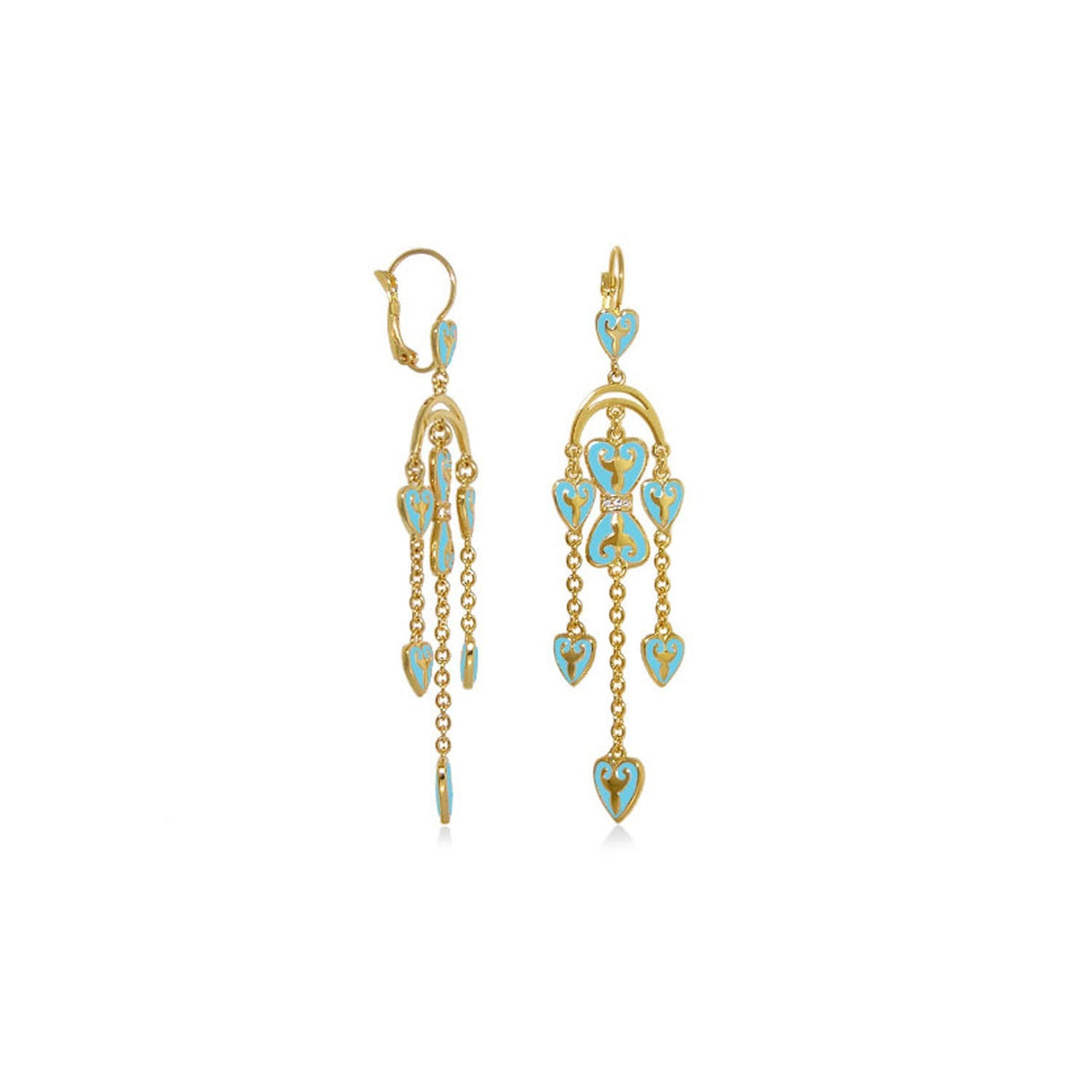 Lauren G Adams Bows and Hearts earrings, gold-tone with turquoise heart charms and chains on Tampa Home & Garden Store