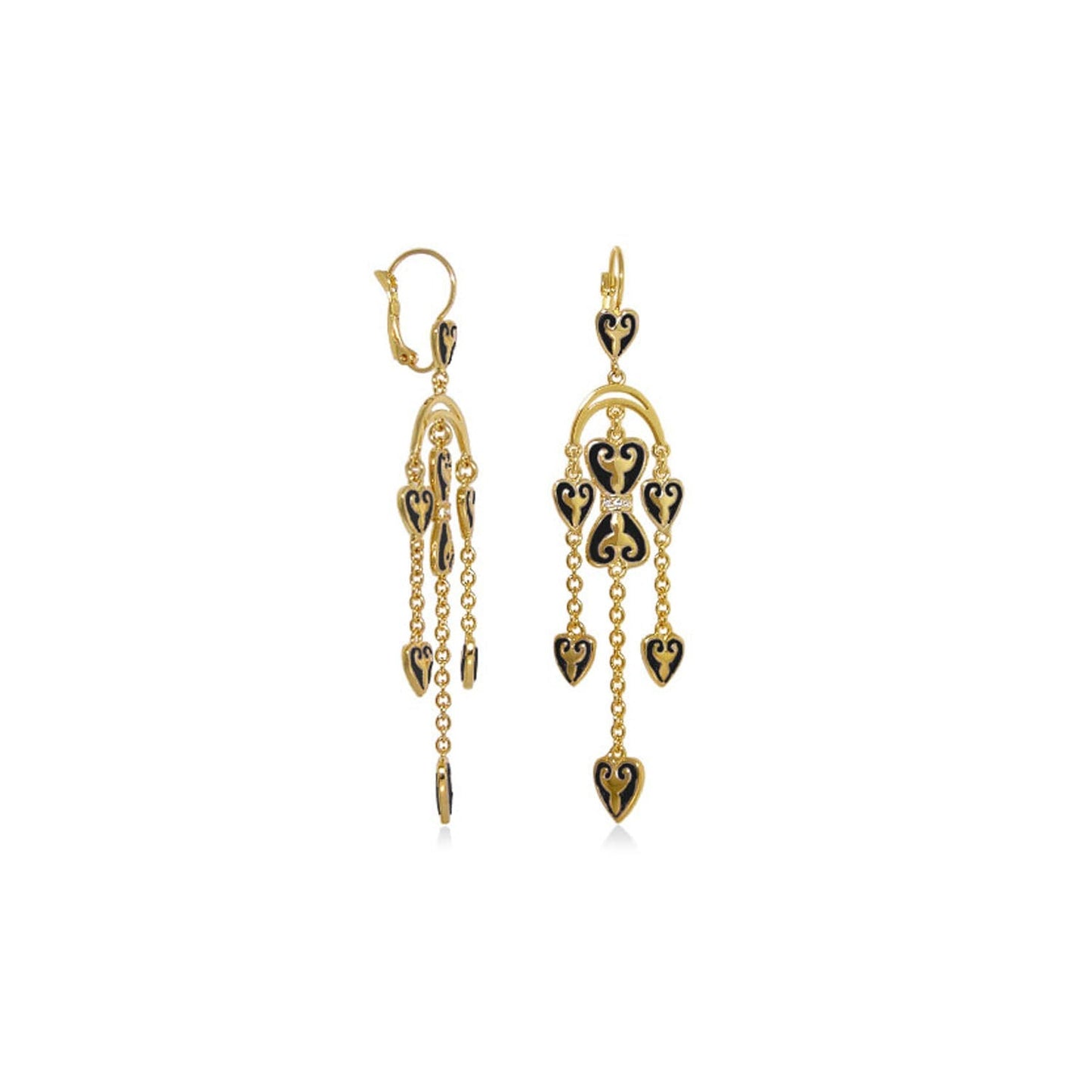 Bows and Hearts earrings by Lauren G Adams, gold drop earrings with black enamel hearts on Tampa Home & Garden Store