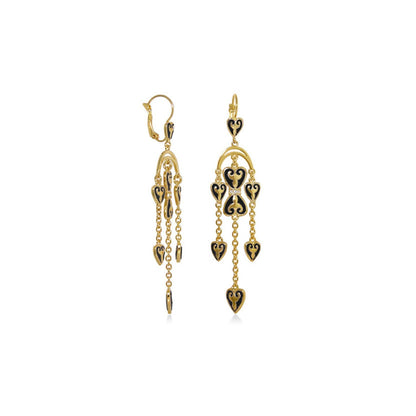 Bows and Hearts earrings by Lauren G Adams, gold drop earrings with black enamel hearts on Tampa Home & Garden Store