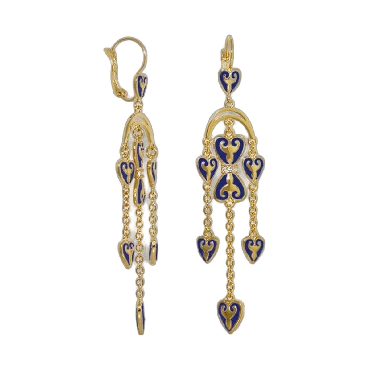 Bows and Hearts Earrings by Lauren G Adams, goldtone blue enamel heart motifs and drops, pair on Tampa Home & Garden Store