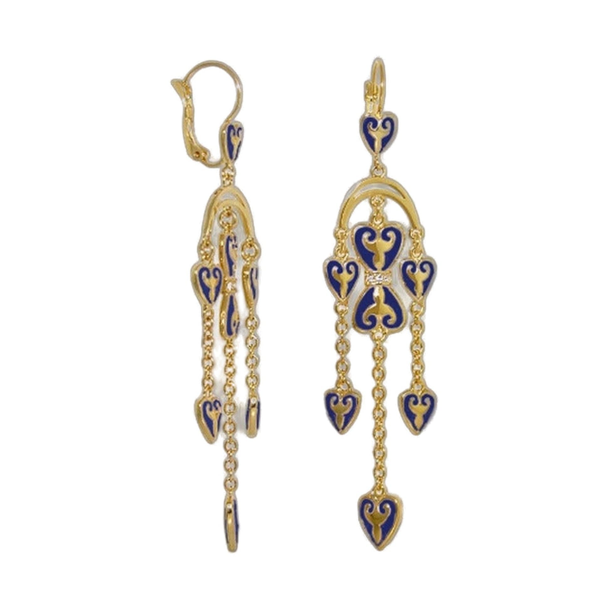 Bows and Hearts Earrings by Lauren G Adams, goldtone blue enamel heart motifs and drops, pair on Tampa Home & Garden Store
