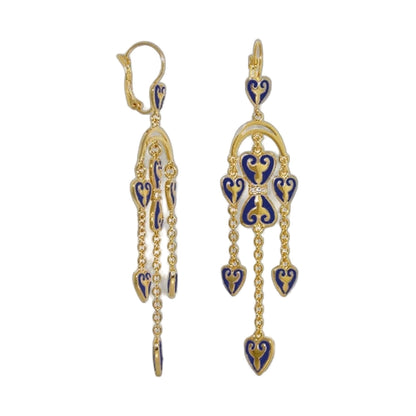 Bows and Hearts Earrings by Lauren G Adams, goldtone blue enamel heart motifs and drops, pair on Tampa Home & Garden Store