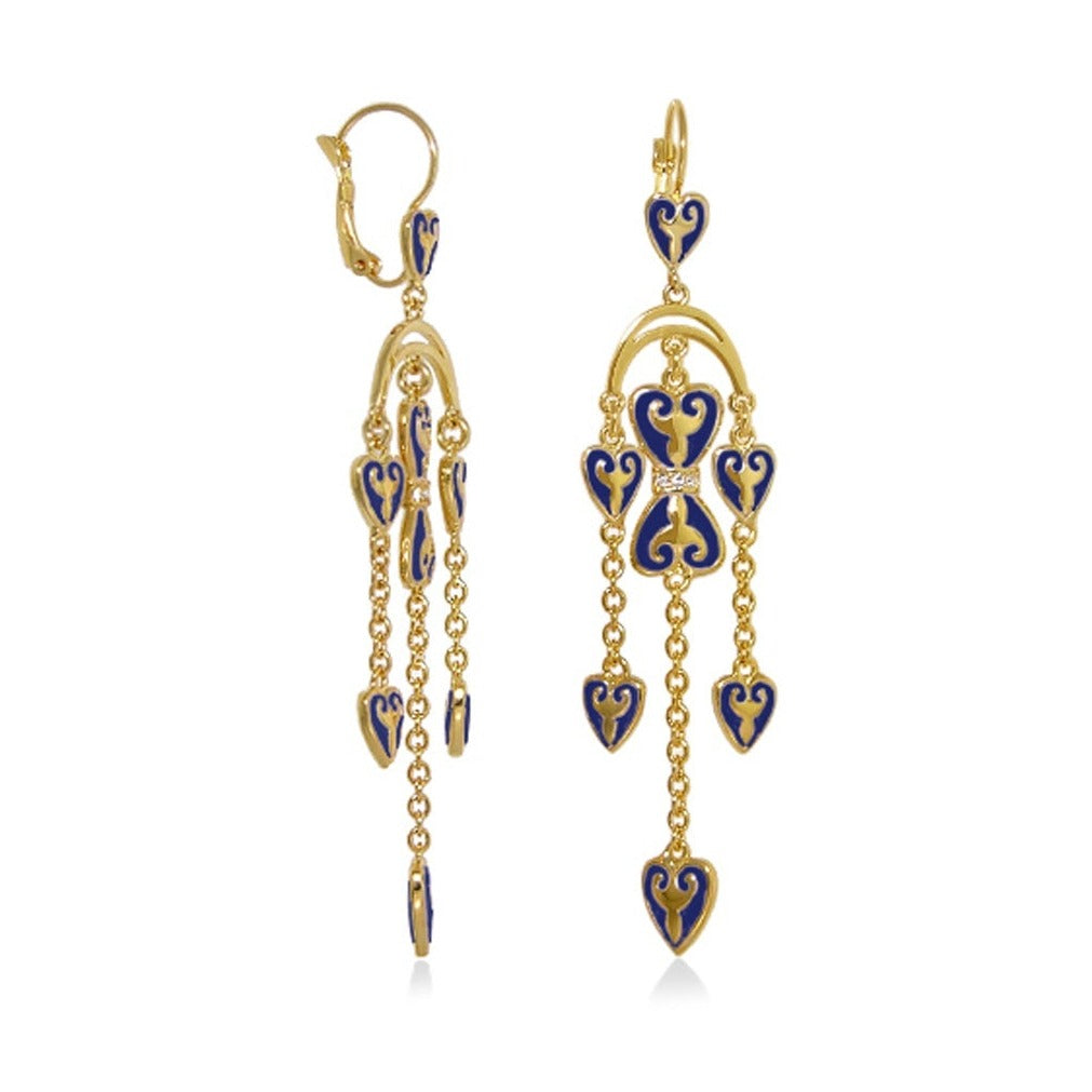 Bows and Hearts Earrings by Lauren G Adams, gold-tone with blue enamel hearts and chain dangles on Tampa Home & Garden Store