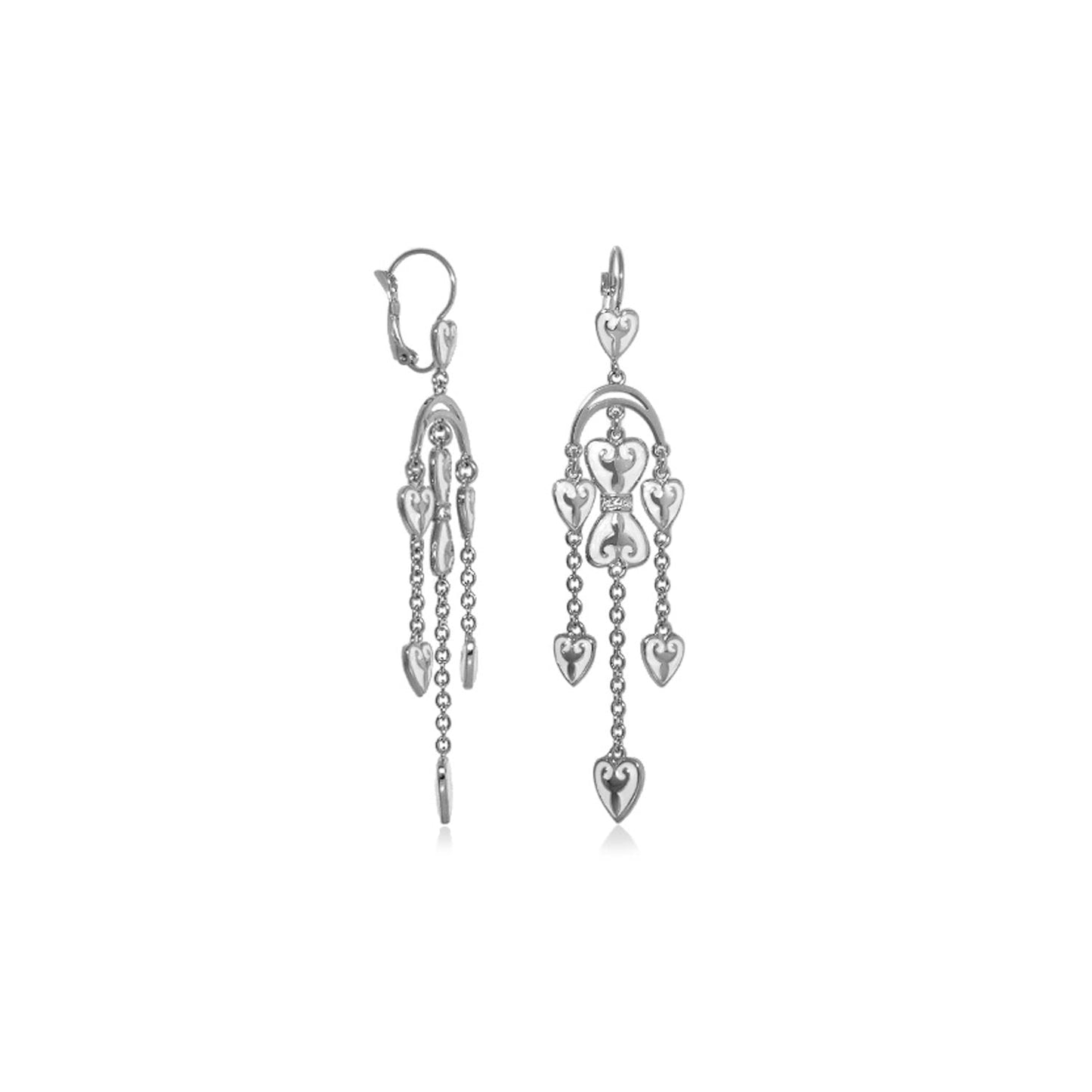 Bows and Hearts Earrings silver-tone chandelier with hanging heart charms and chains on Tampa Home & Garden Store