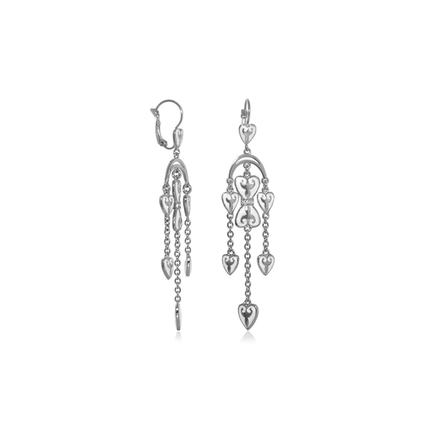 Bows and Hearts Earrings silver-tone chandelier with hanging heart charms and chains on Tampa Home & Garden Store